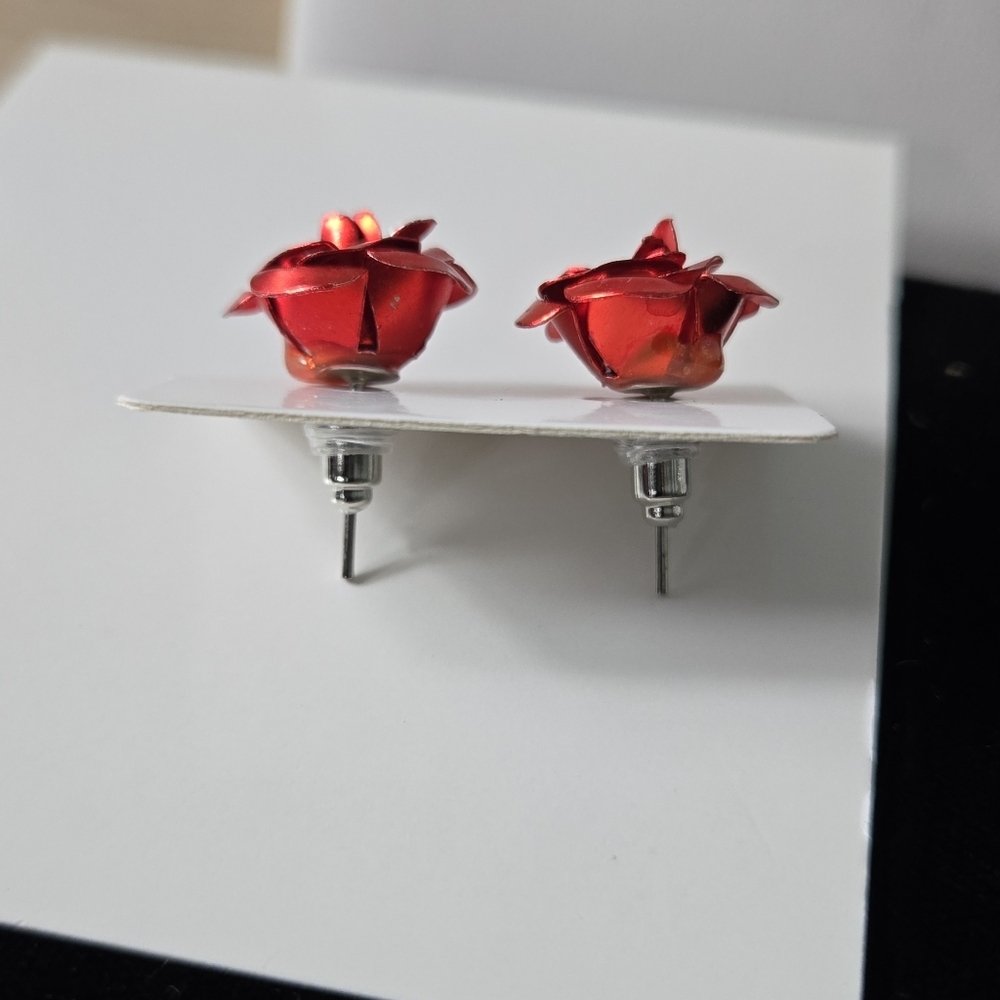 Vibrant Red Rose Stud Earrings - Picture 5 of 11